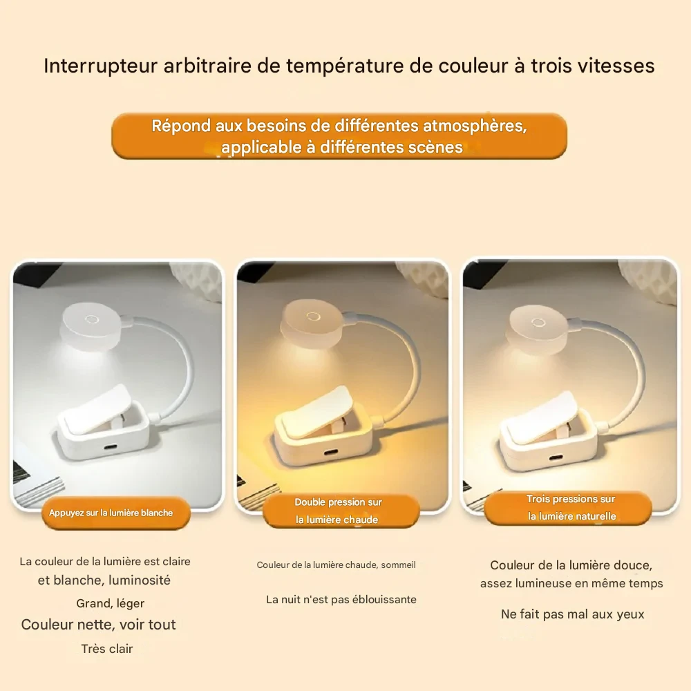 Lampe de lecture LED pliable USB à clip, lumière douce et ajustable – Image 6