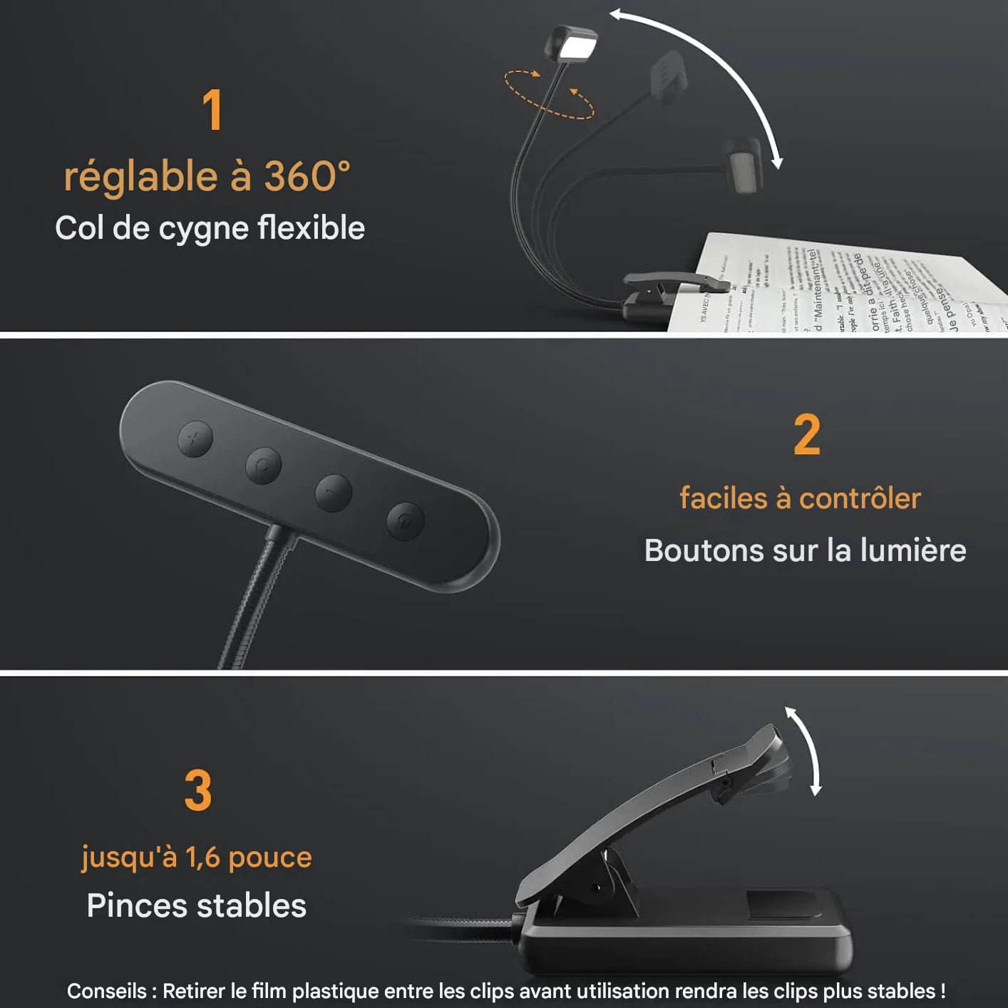 Lampe de lecture USB rechargeable 14 LEDs lumière ajustable portable – Image 8