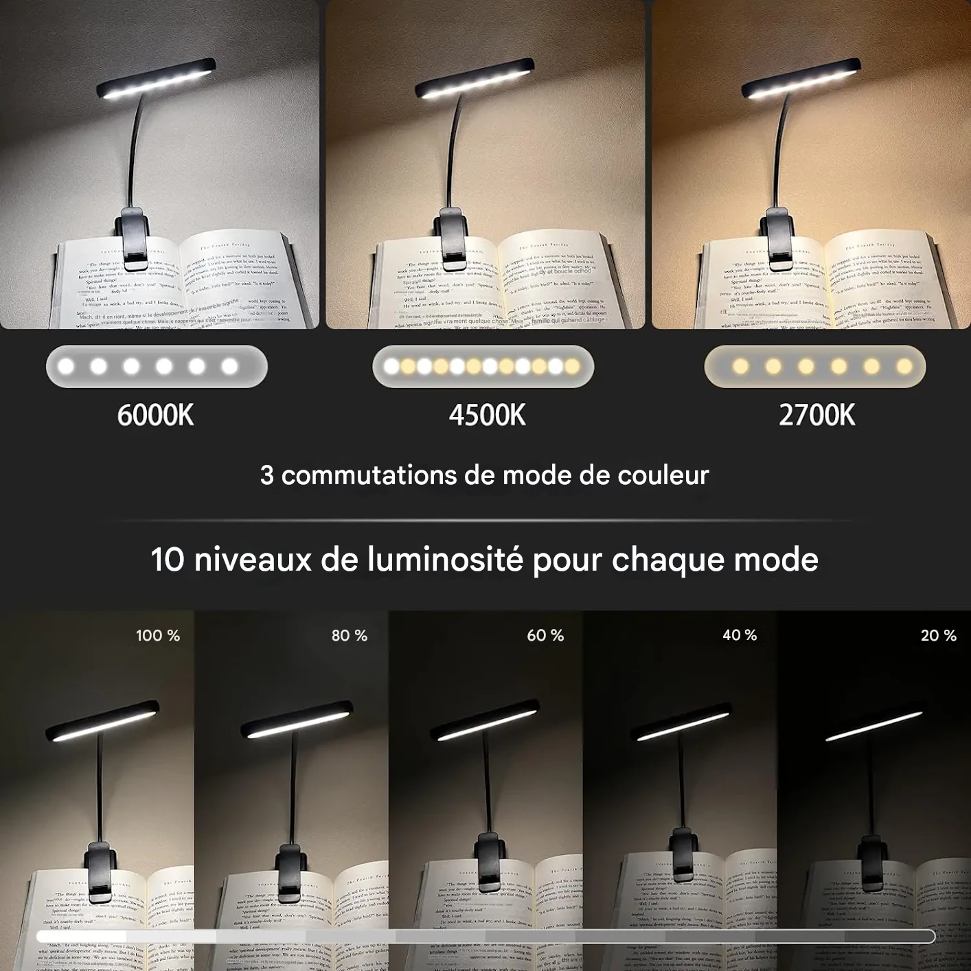 Lampe de lecture USB rechargeable 14 LEDs lumière ajustable portable – Image 10