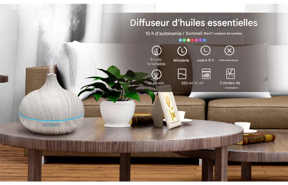 Diffuseur ultrasonique 500 ml télécommande LED 7 couleurs bien-être – Image 9