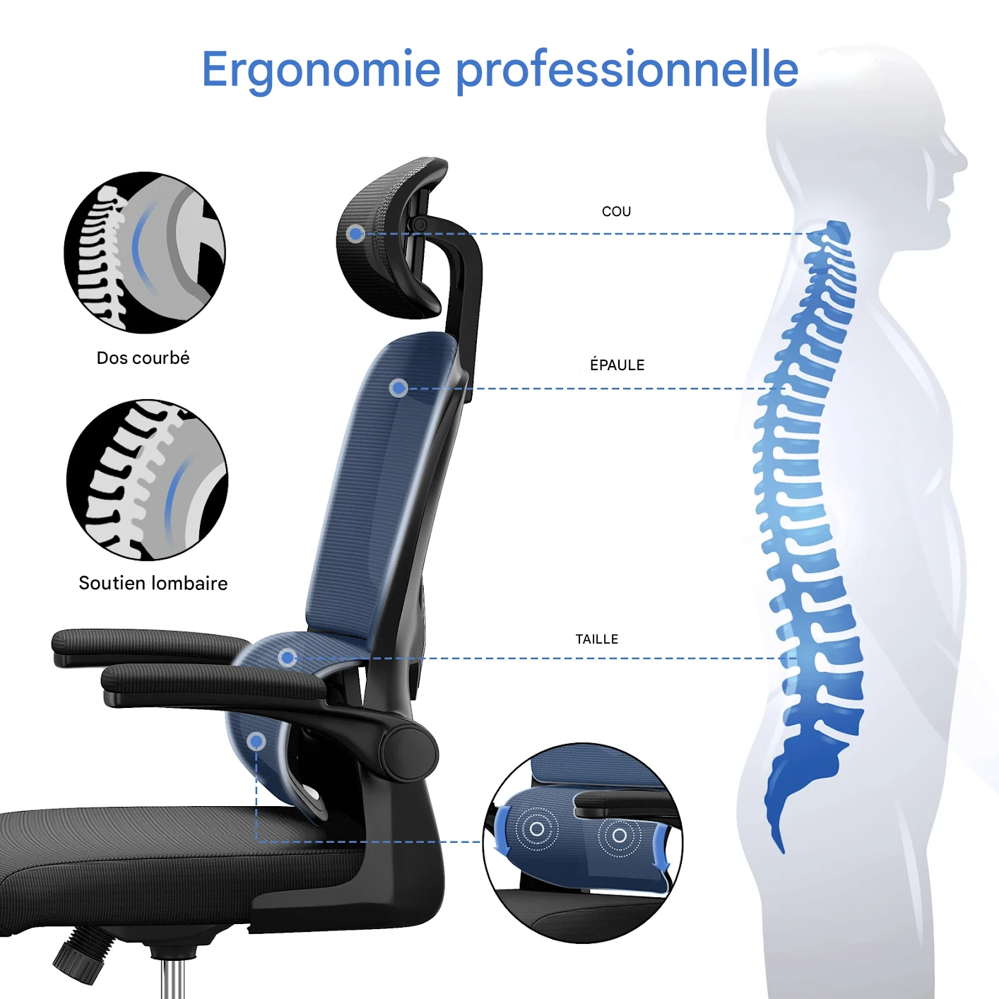 Chaise de Bureau Ergonomique – Dossier Haut, Support Lombaire 3D et Accoudoirs Réglables – Image 8