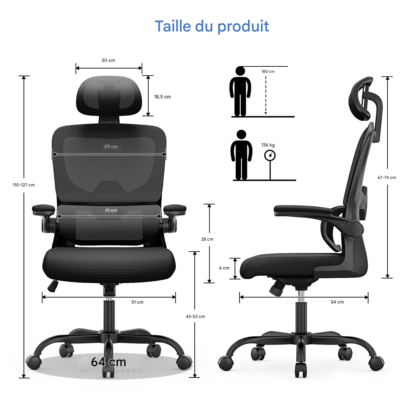 Chaise de Bureau Ergonomique – Dossier Haut, Support Lombaire 3D et Accoudoirs Réglables – Image 4