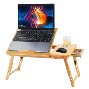 Table Pliante en Bambou – Support Ordinateur Portable avec Tiroir et Fentes Ajustable