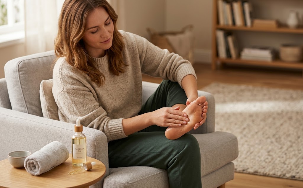 Femme assise sur son canape se massant elle-meme le pied en fin de journee, huile de massage posee sur la table basse