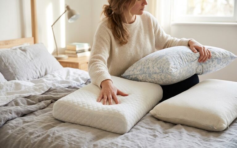 Femme comparant plusieurs oreillers sur son lit, dont un modele ergonomique a memoire de forme