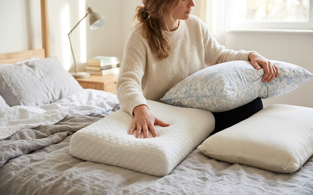 Femme comparant plusieurs oreillers sur son lit, dont un modele ergonomique a memoire de forme