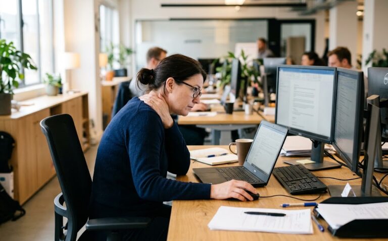 Femme assise a un poste de travail, une main sur la nuque apres de longues heures devant l ecran