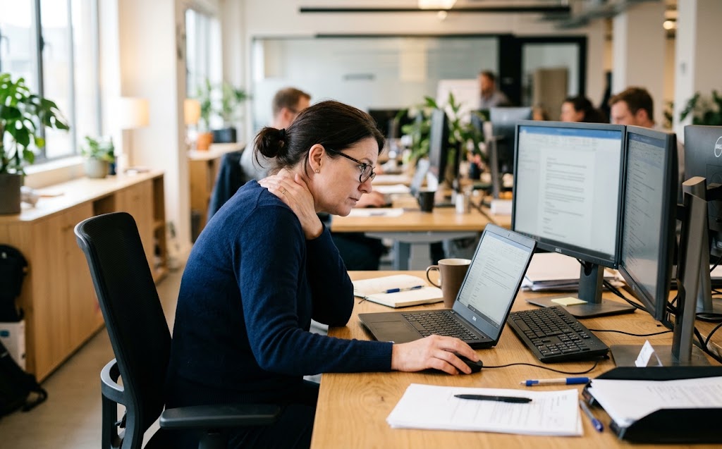Femme assise a un poste de travail, une main sur la nuque apres de longues heures devant l ecran